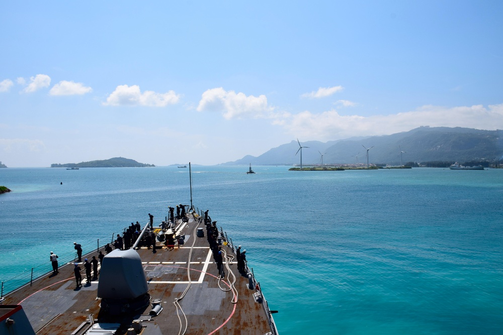 USS Oscar Austin moors in Port Victoria, Seychelles