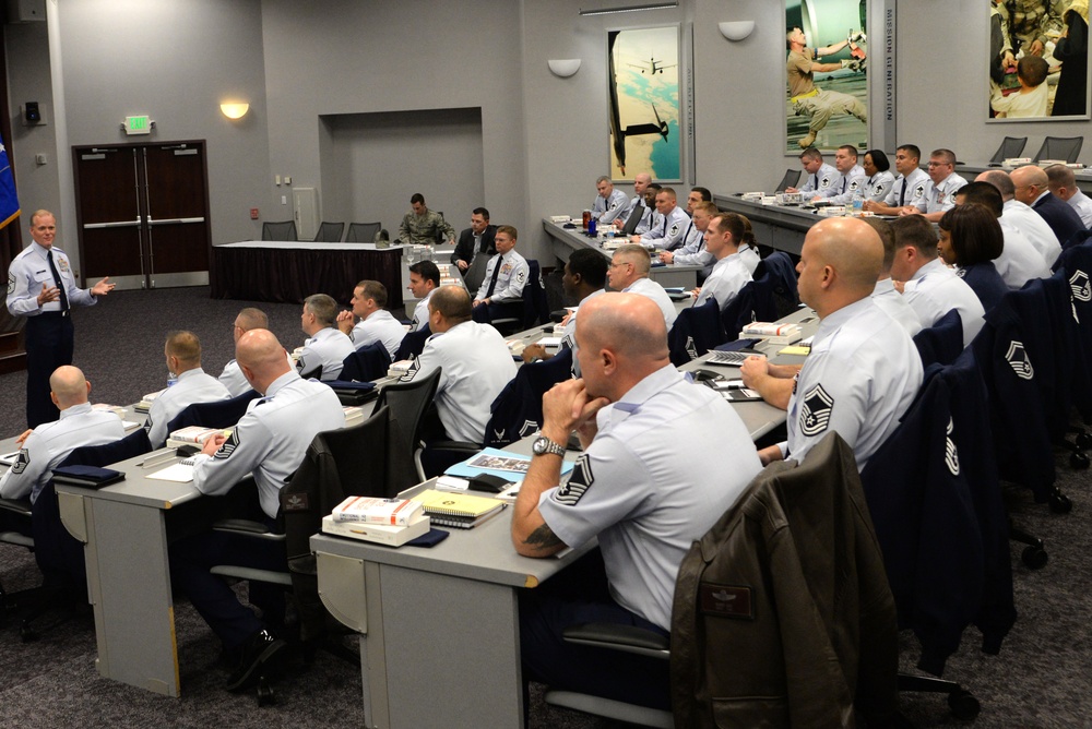 Chief Master Sgt. of the Air Force James Cody talks during the Chief Leadership Course