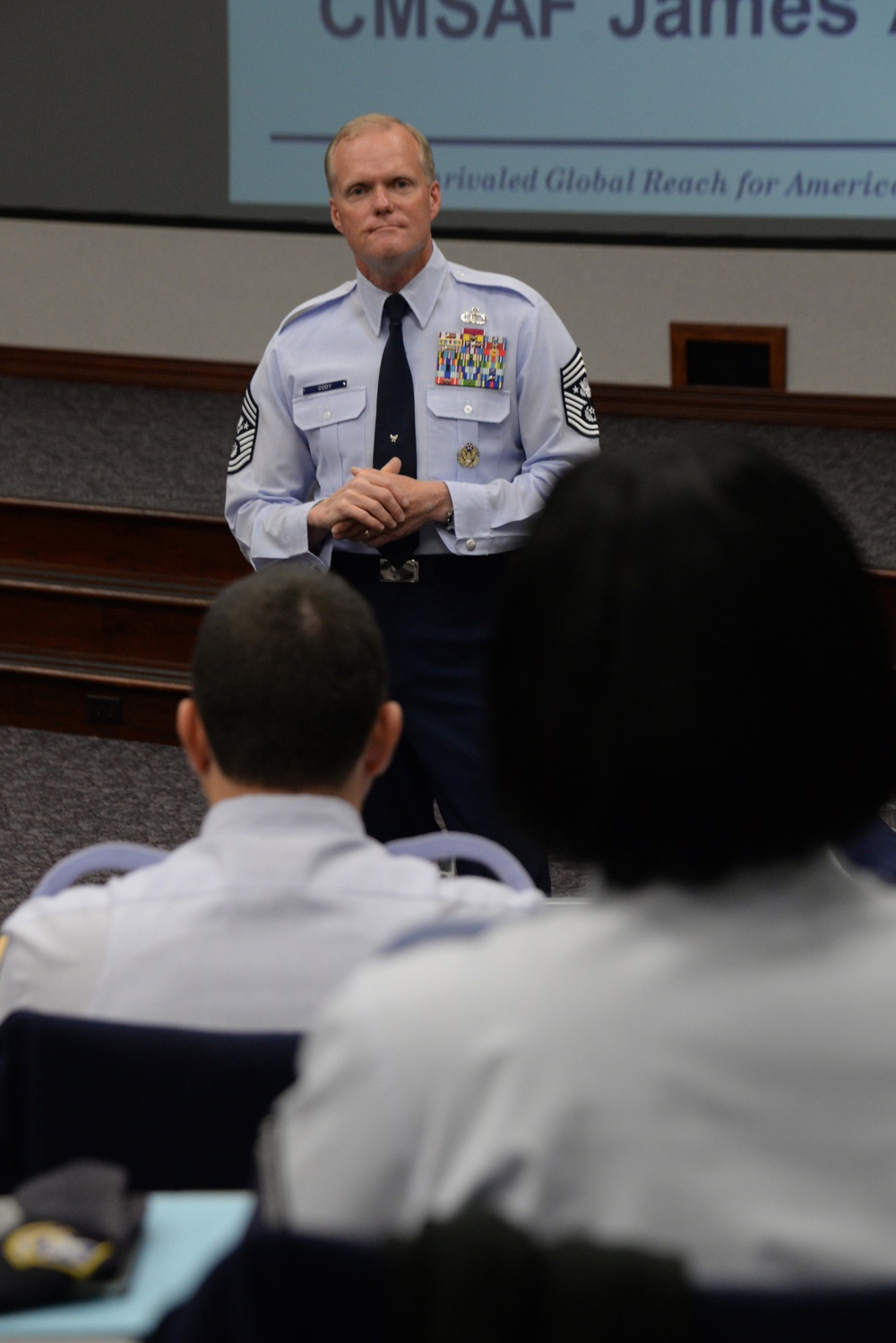 Chief Master Sgt. of the Air Force James Cody talks during the Chief Leadership Course