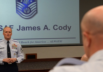 Chief Master Sgt. of the Air Force James Cody talks during the Chief Leadership Course