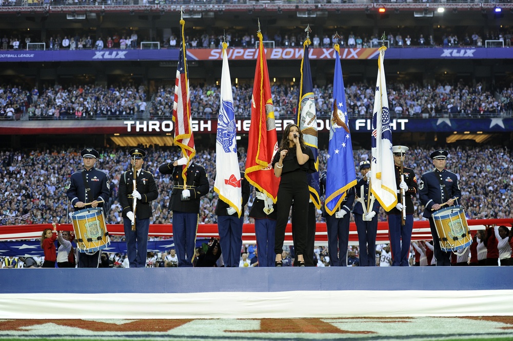 Joint Service Color Guard performs during Super Bowl