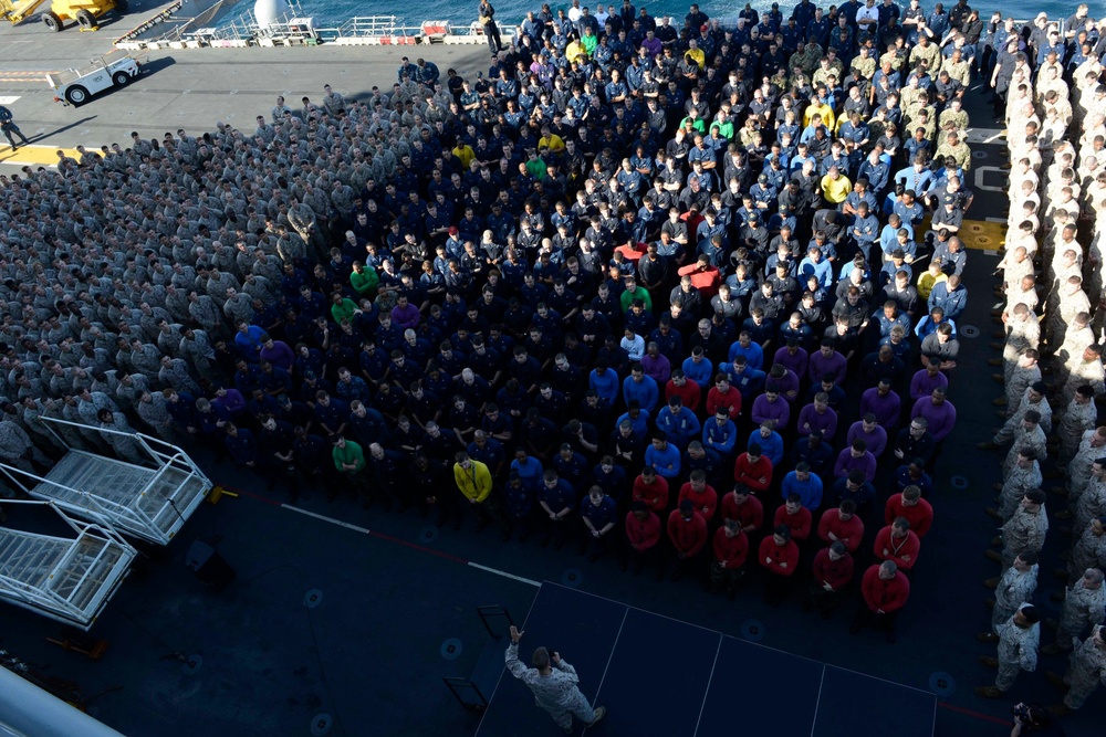 Commander Task Force 51 addresses Sailors and Marines aboard USS Iwo Jima