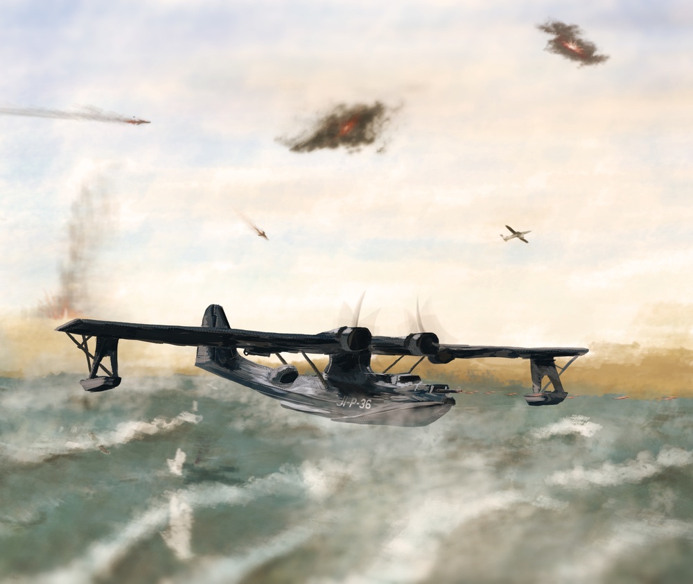 A PBY Catalina Seaplane flies through the air in a digital illustration
