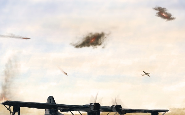 A PBY Catalina Seaplane flies through the air in a digital illustration