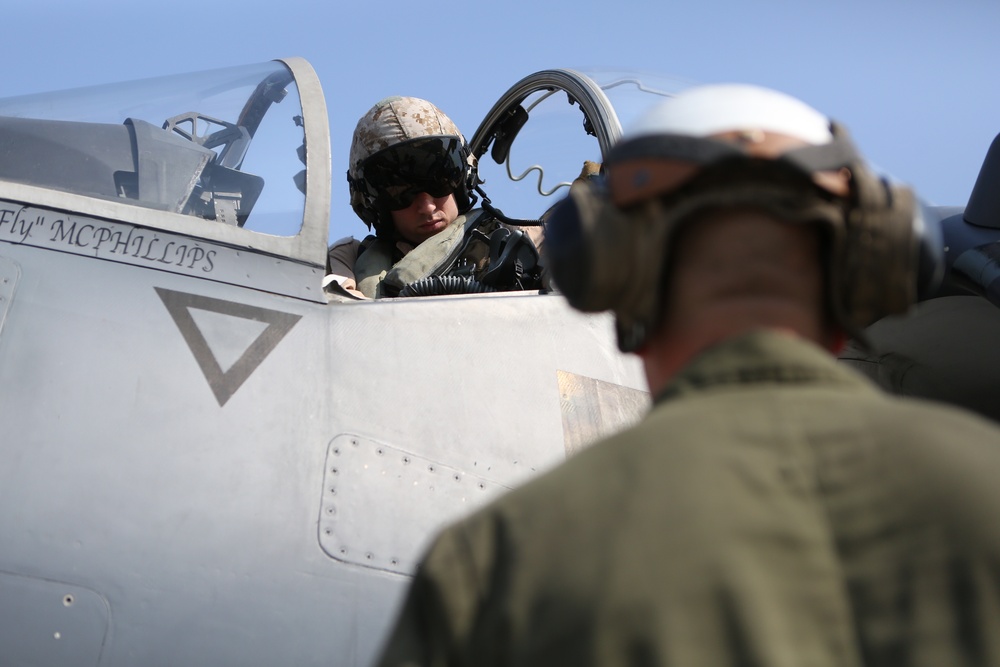 VMA-211 AV-8B Harrier preparing for an Operation Inherent Resolve flight on January 17, 2015