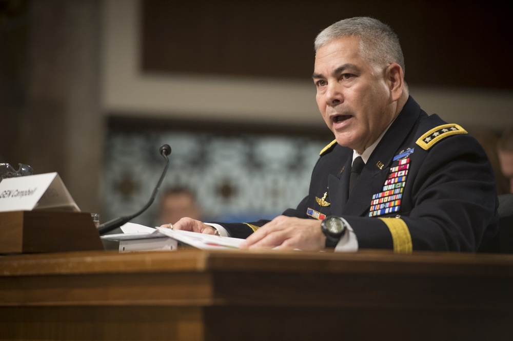 Army Gen. John F. Campbell speaks during Senate Armed Services Committee hearing