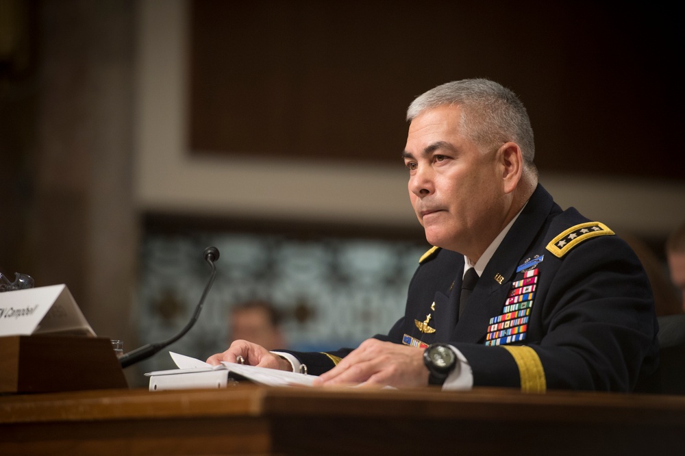 Army Gen. John F. Campbell speaks during Senate Armed Services Committee hearing