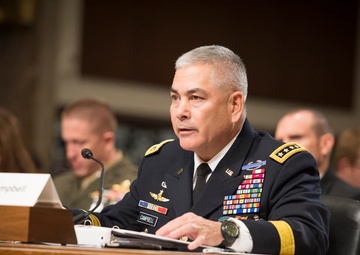 Army Gen. John F. Campbell speaks during Senate Armed Services Committee hearing