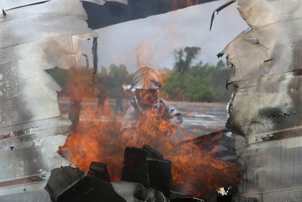 U.S. and Thai military firefighters test their crash, fire and rescue skills