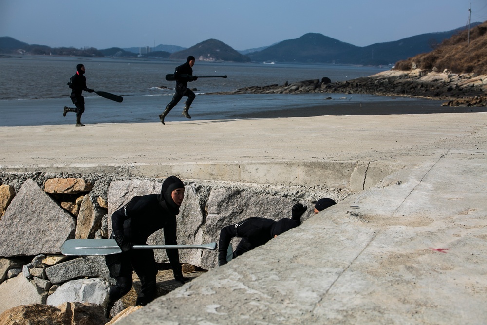 Marines use raiding craft for simulated beach demolition
