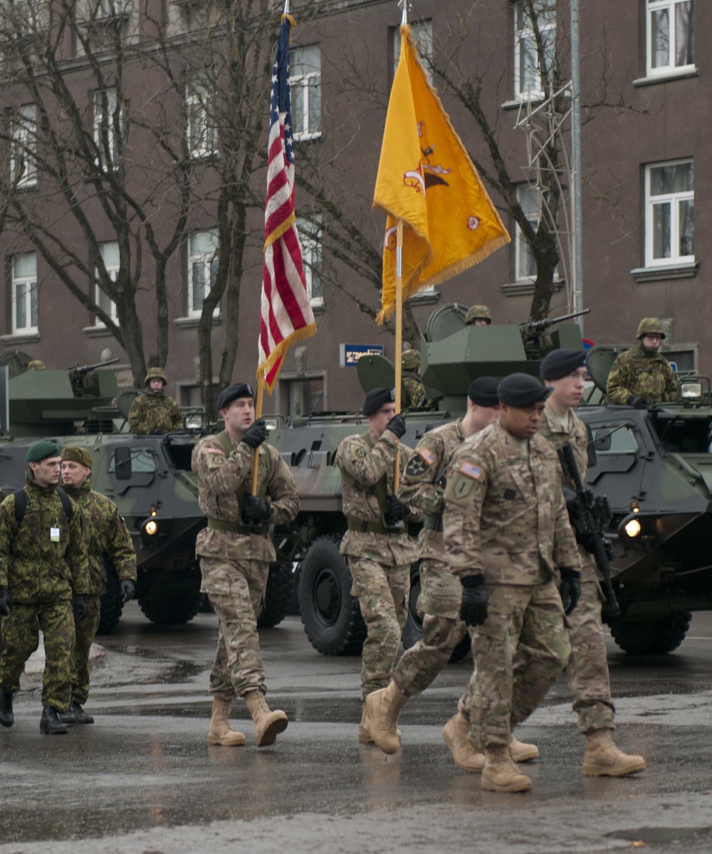 Soldiers of Iron Troop, 3rd Squadron, 2nd Cavalry Regiment represent the US Army in Estonian Independence Parade