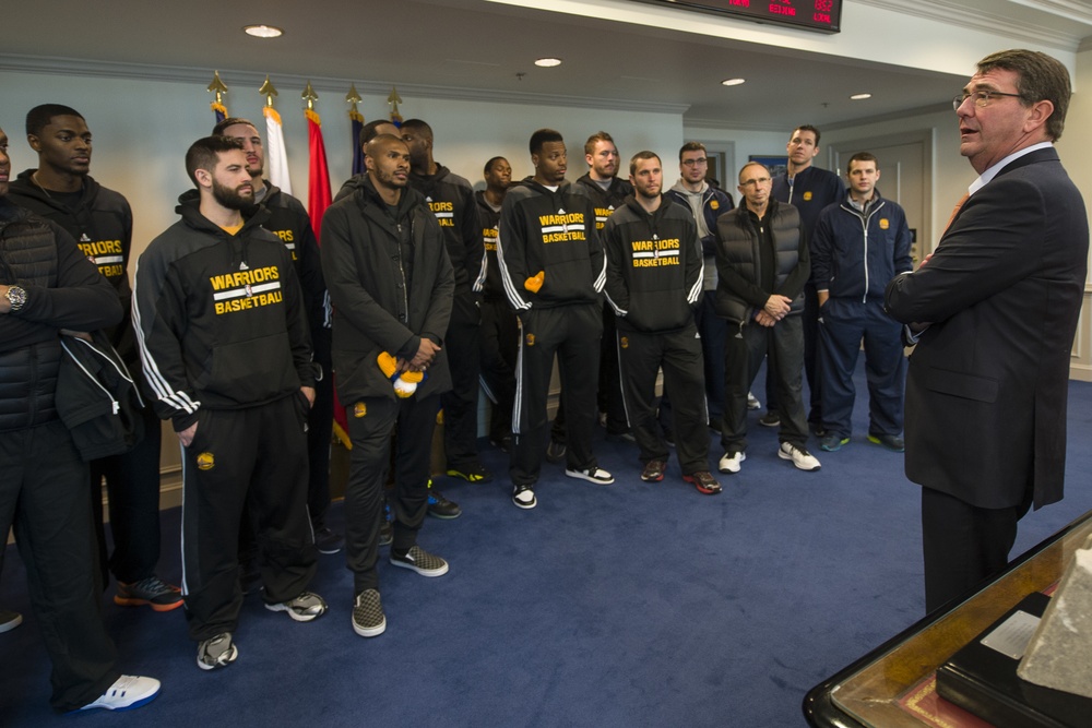 Secretary of Defense Ash Carter greets the Golden State Warriors NBA team