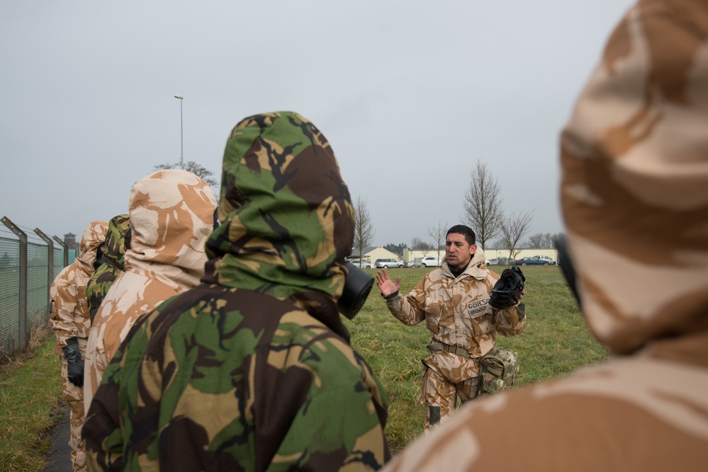 British forces practice CBRN procedures in a US Army facility