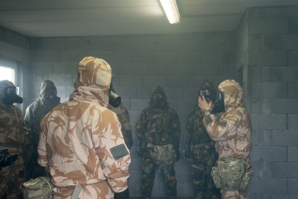 British forces practice CBRN procedures in a US Army Facility