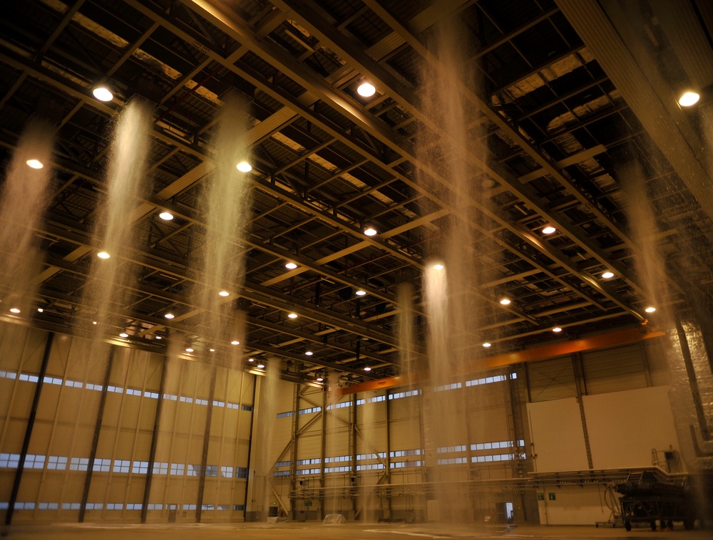 Sprinklers come alive in hangar five