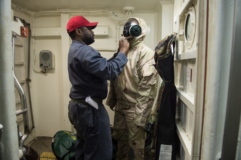 Sailors prep for drill aboard USS Donald Cook