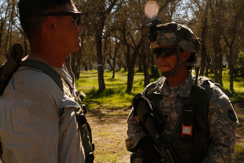 US Army Spc. Saul Aguilear of the 804th Medical Brigade stands guard during