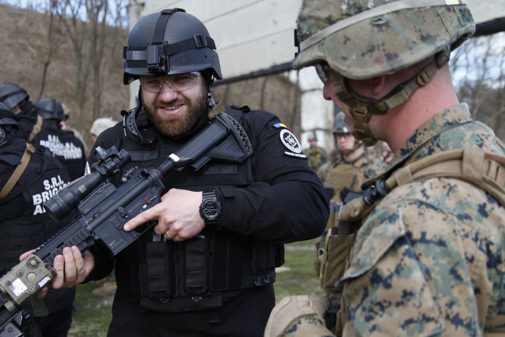 Security Force Marines and Marine Security Guards conduct weapons training with the Romanian SRI and Jardameria