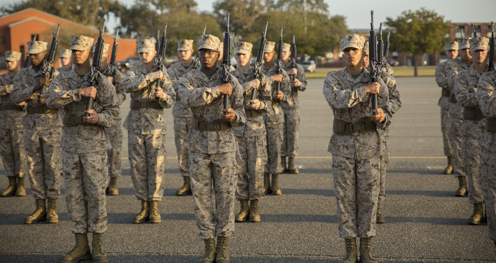 Marine recruits march in close order drill on Parris Island