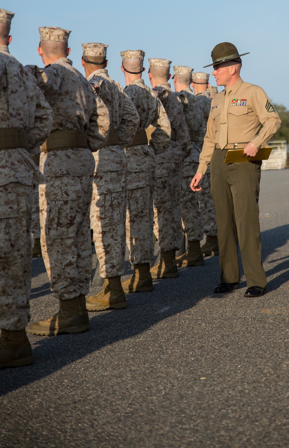 Marine recruits march in close order drill on Parris Island