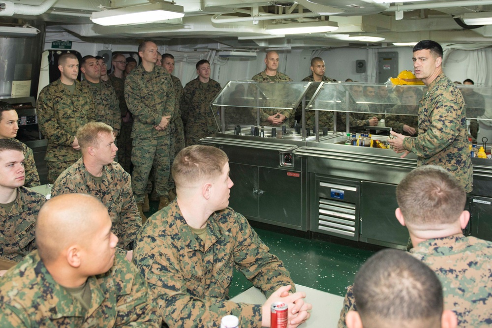 USS Bonhomme Richard: 31st MEU CO addresses Marines