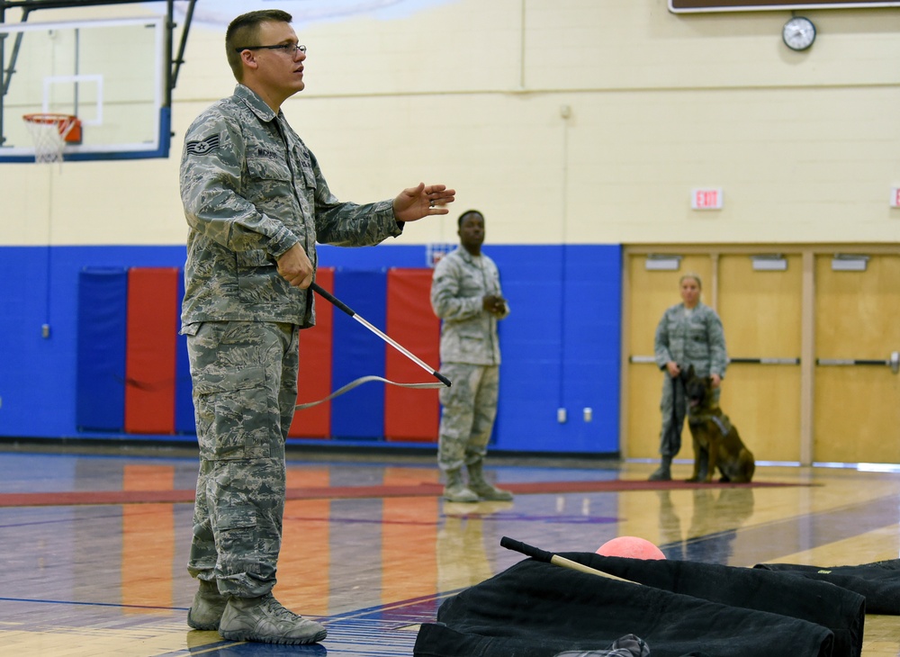 799th SFS K-9 handlers demonstrate military working dog skills, training to students