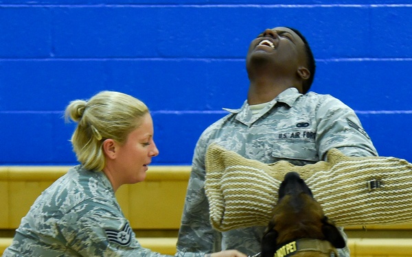 799th SFS K-9 handlers demonstrate military working dog skills, training to students