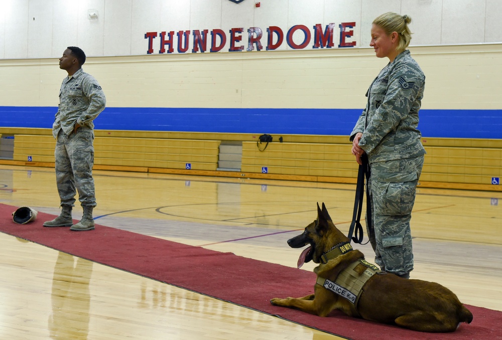 799th SFS K-9 handlers demonstrate military working dog skills, training to students