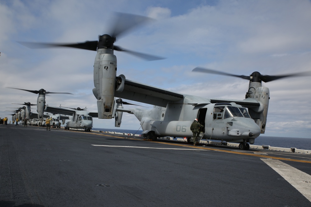 Eight Ospreys take off from USS Bonhomme Richard