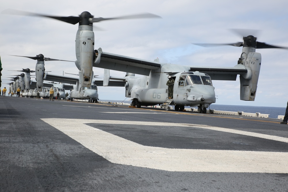 Eight Ospreys take off from USS Bonhomme Richard