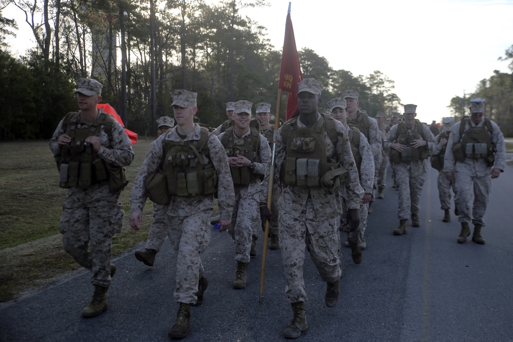 Headquarters Battalion, 2nd Marine Division hikes to build endurance, morale