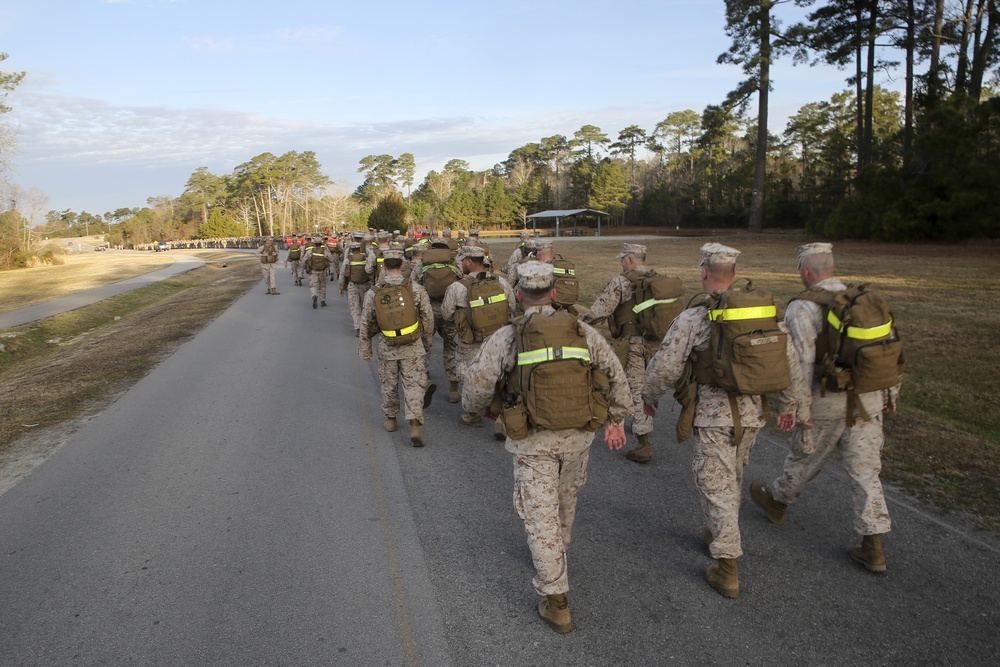 Headquarters Battalion, 2nd Marine Division hikes to build endurance, morale