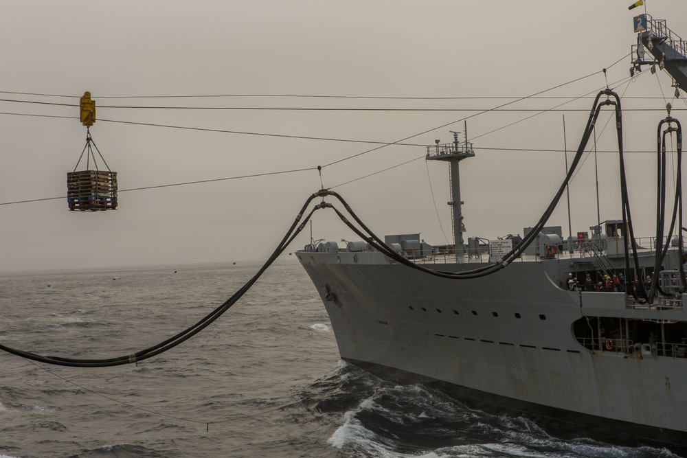 USS Arlington (LPD-24) refuels in the Atlantic Ocean