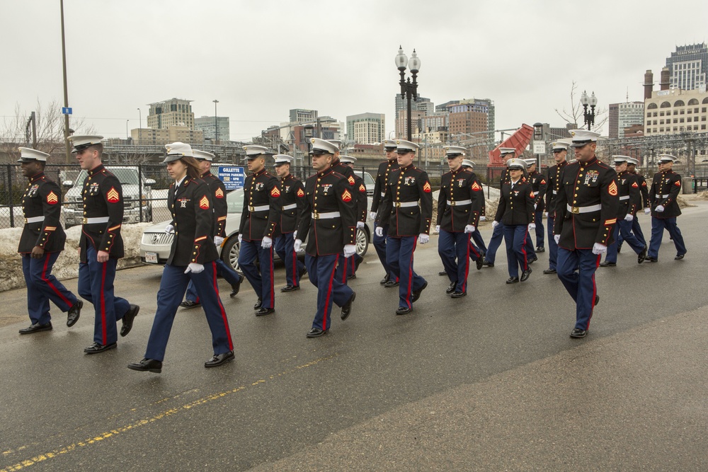 U.S. Marines march in the South Boston Allied War Veteran's Council St. Patrick's Day parade