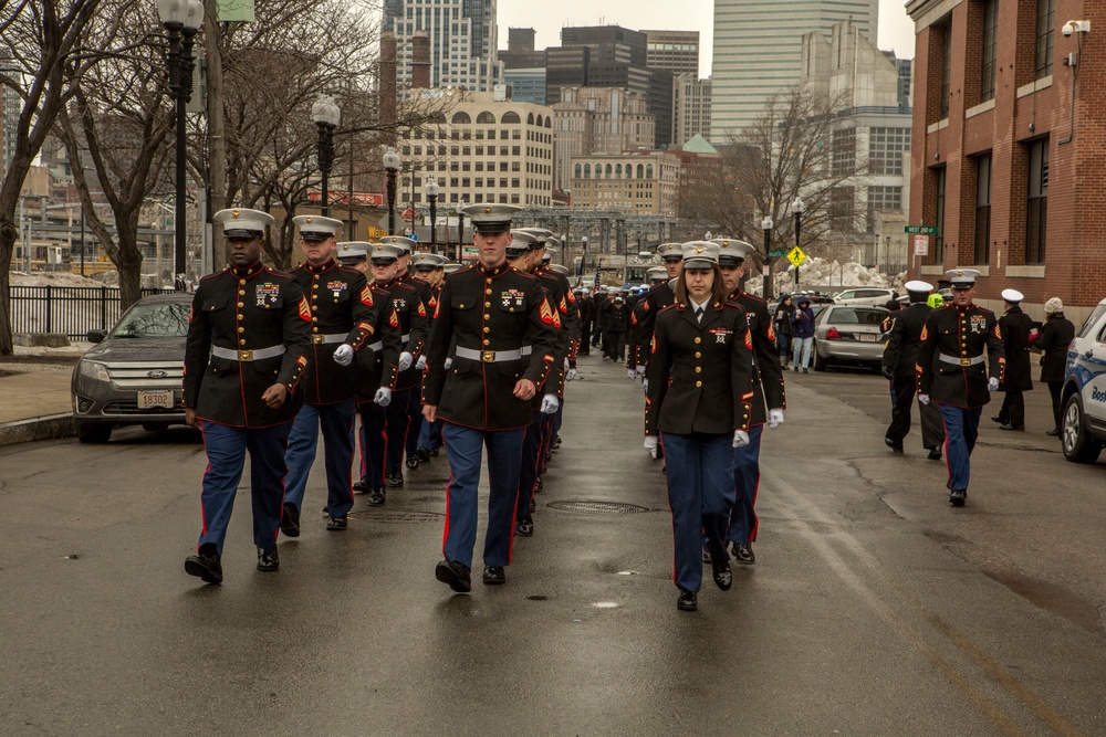 U.S. Marines march in the South Boston Allied War Veteran's Council St. Patrick's Day parade