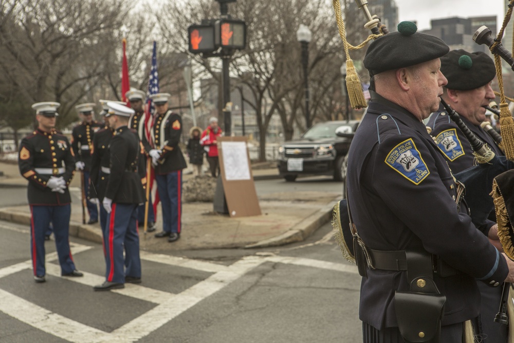 U.S. Marines march in the South Boston Allied War Veteran's Council St. Patrick's Day parade