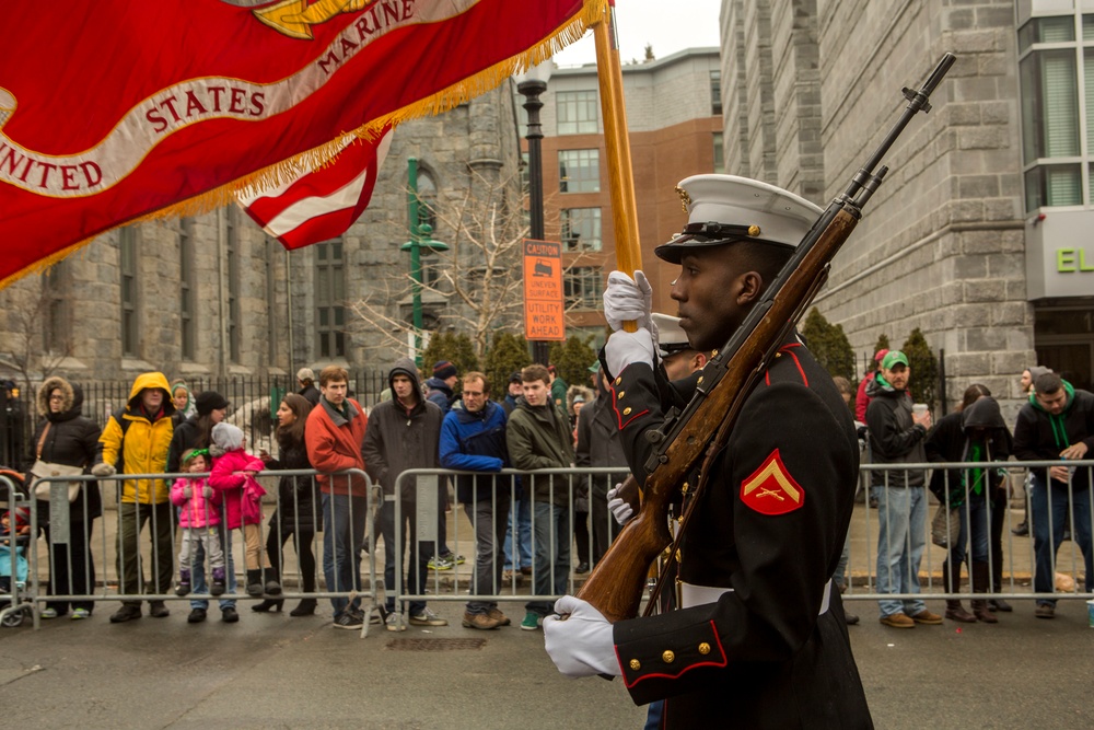 U.S. Marines march in the South Boston Allied War Veteran's Council St. Patrick's Day parade