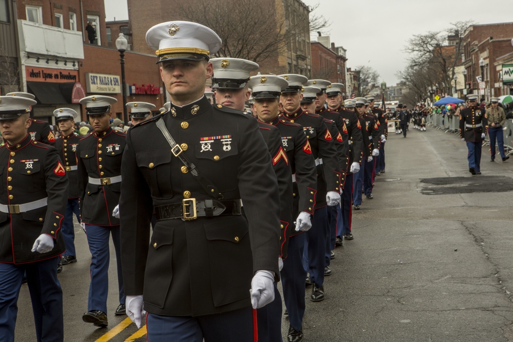 U.S. Marines march in the South Boston Allied War Veteran's Council St. Patrick's Day parade