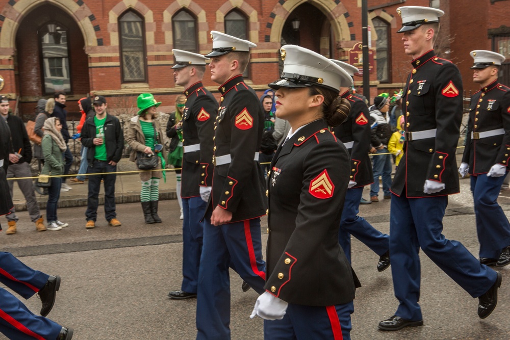 U.S. Marines march in the South Boston Allied War Veteran's Council St. Patrick's Day parade