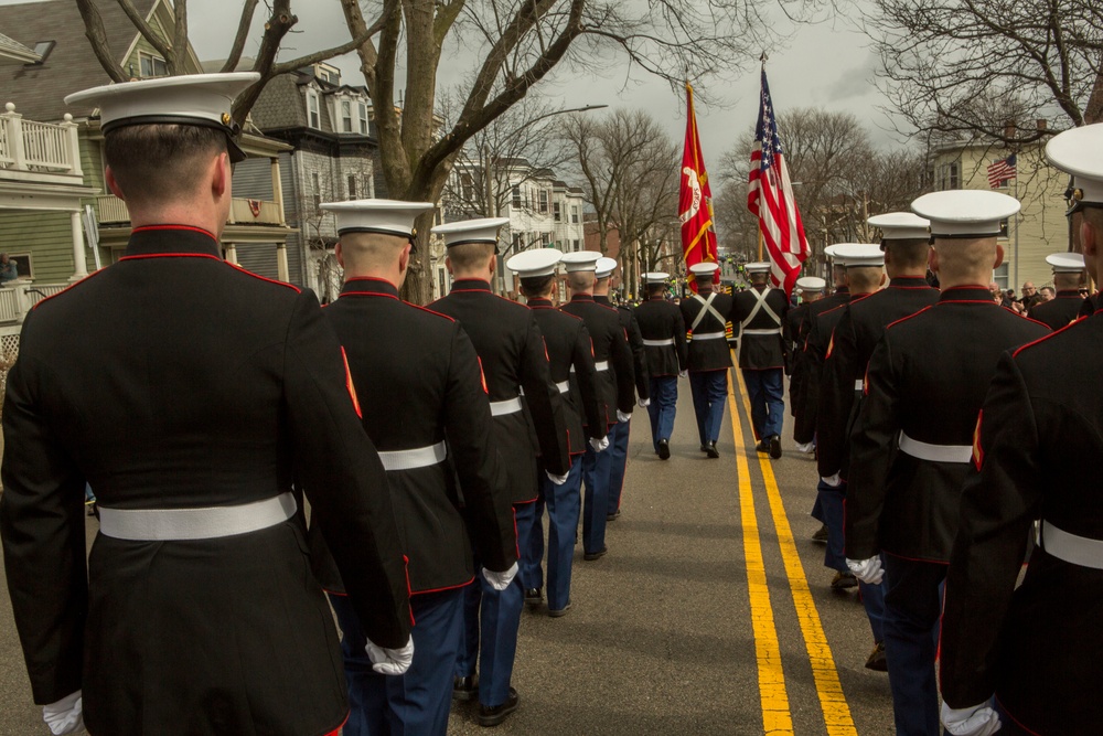 U.S. Marines march in the South Boston Allied War Veteran's Council St. Patrick's Day parade