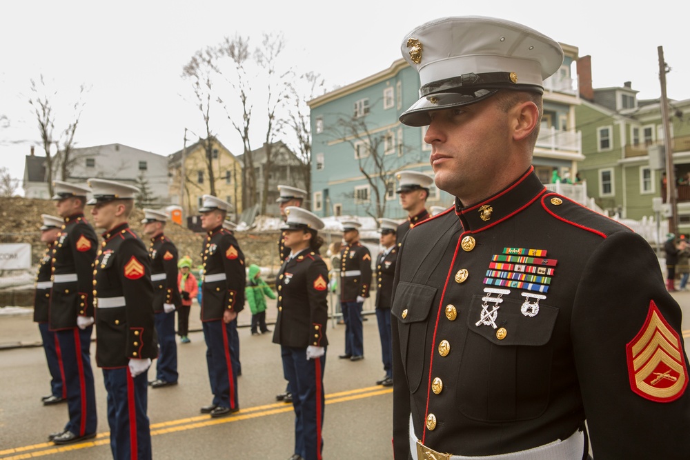 U.S. Marines march in the South Boston Allied War Veteran's Council St. Patrick's Day parade