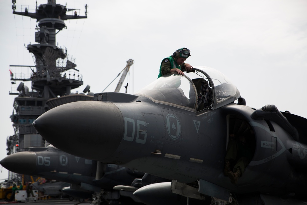 Harrier Maintenance on flight deck of USS Bonhomme Richard