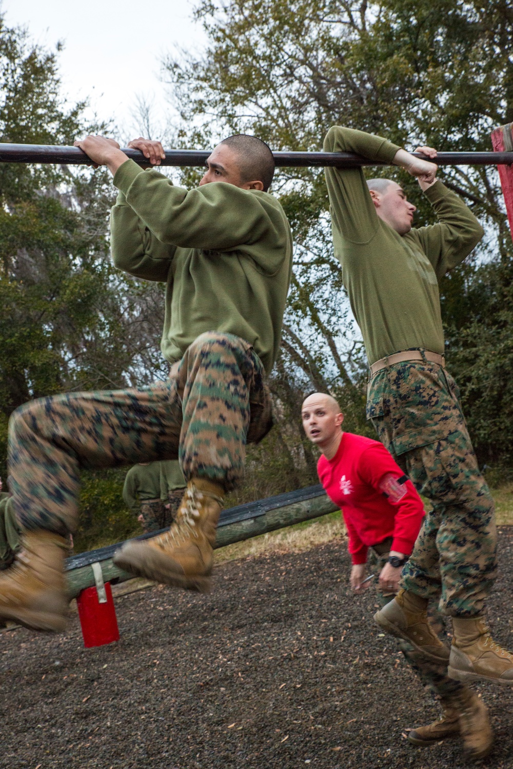 Marine recruits test strength, balance on Parris Island obstacle course