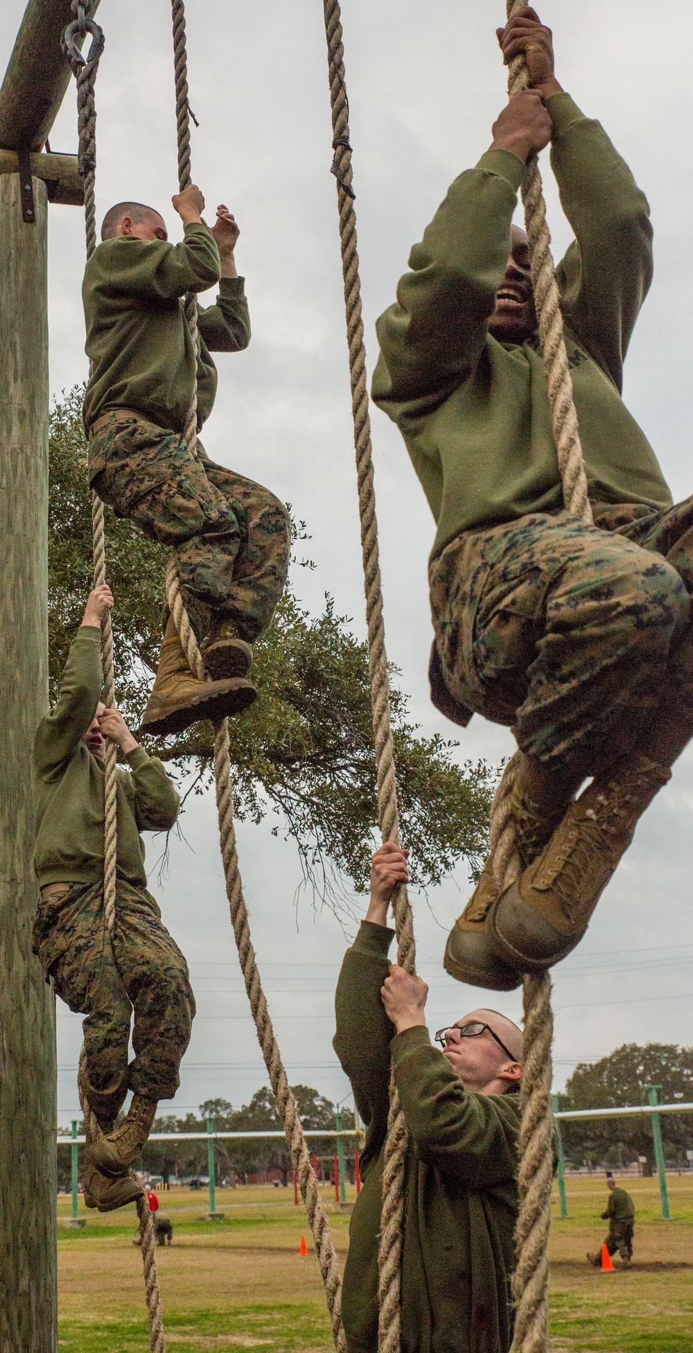 Marine recruits test strength, balance on Parris Island obstacle course