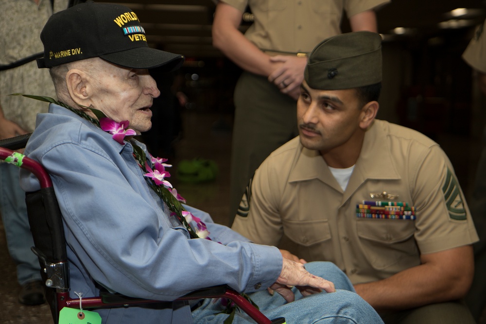 Marines greet WWII vet