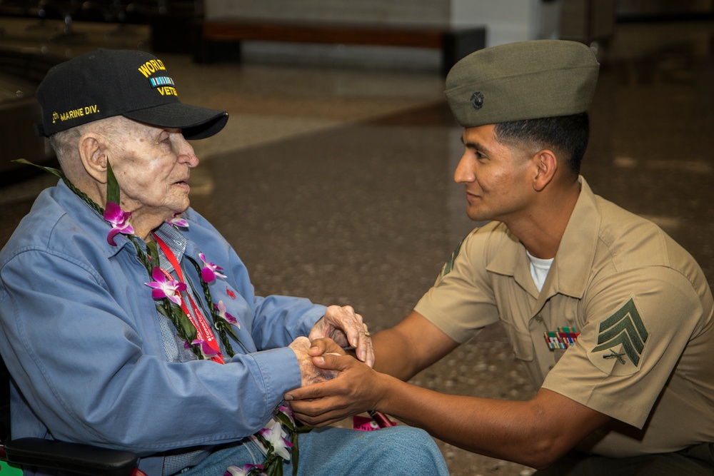 Marines greet WWII vet