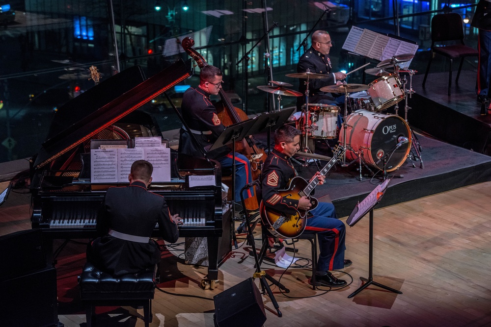 The rhythm section of the Marine Corps All-Star Jazz Band plays on the stage of the Appel Room of the Lincoln Performing Arts Center on March 12, 2015. The rhythm section of a band provides the drive for the band Marine Corps All-Star Jazz Band