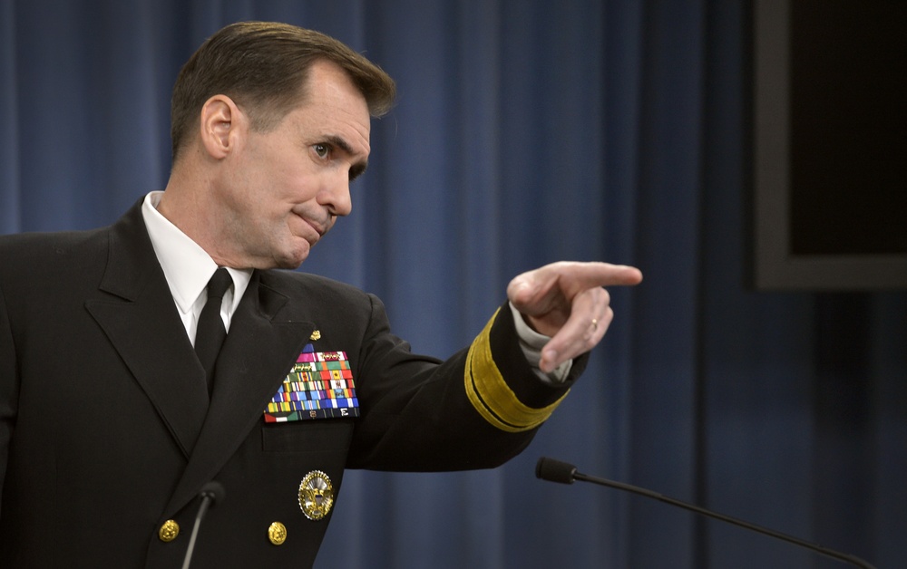 Rear Adm. John Kirby takes questions from the press in the Pentagon press briefing room