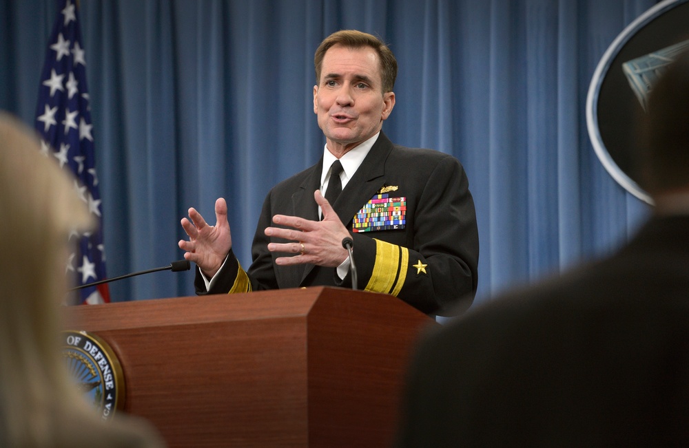 Rear Adm. John Kirby takes questions from the press in the Pentagon press briefing room