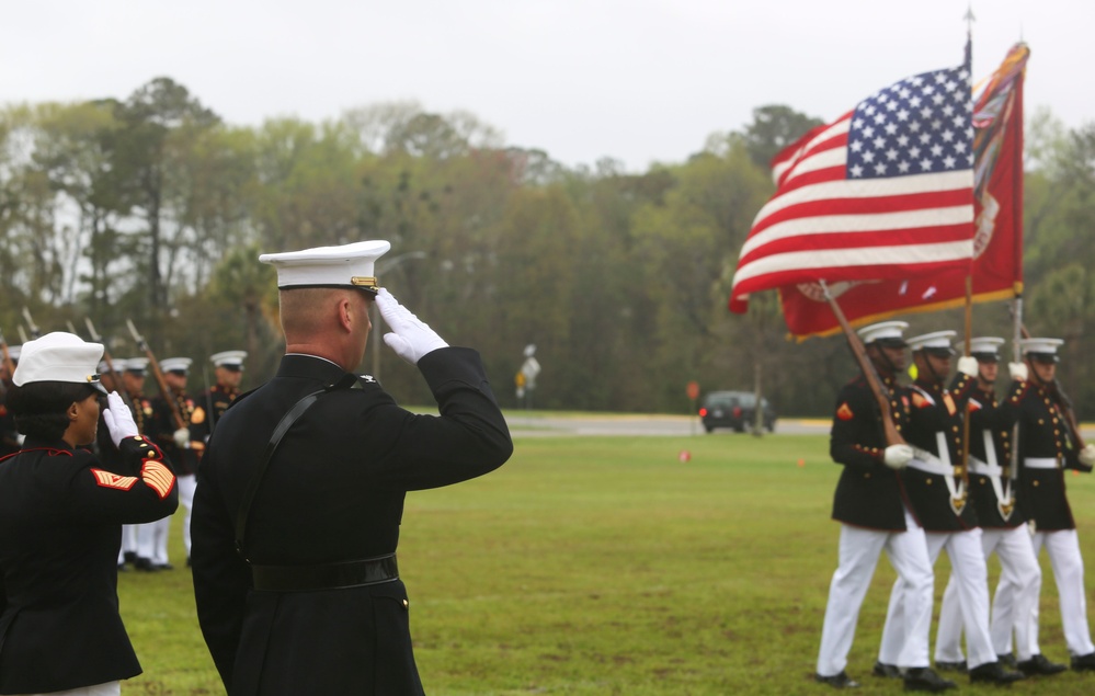 The Marine Corps Battle Color Detachment performs at Marine Corps Air Station Beaufort